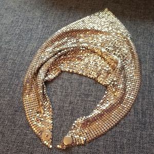 Vintage metal scarf necklace and earrings. Gold colored.